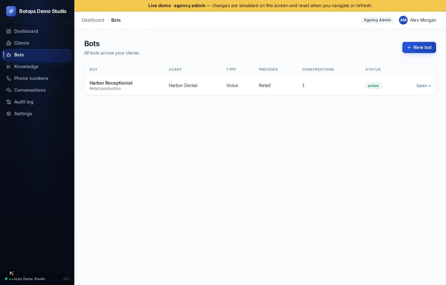 Seeded Botops agency bot operations screen showing the Harbor Dental workspace