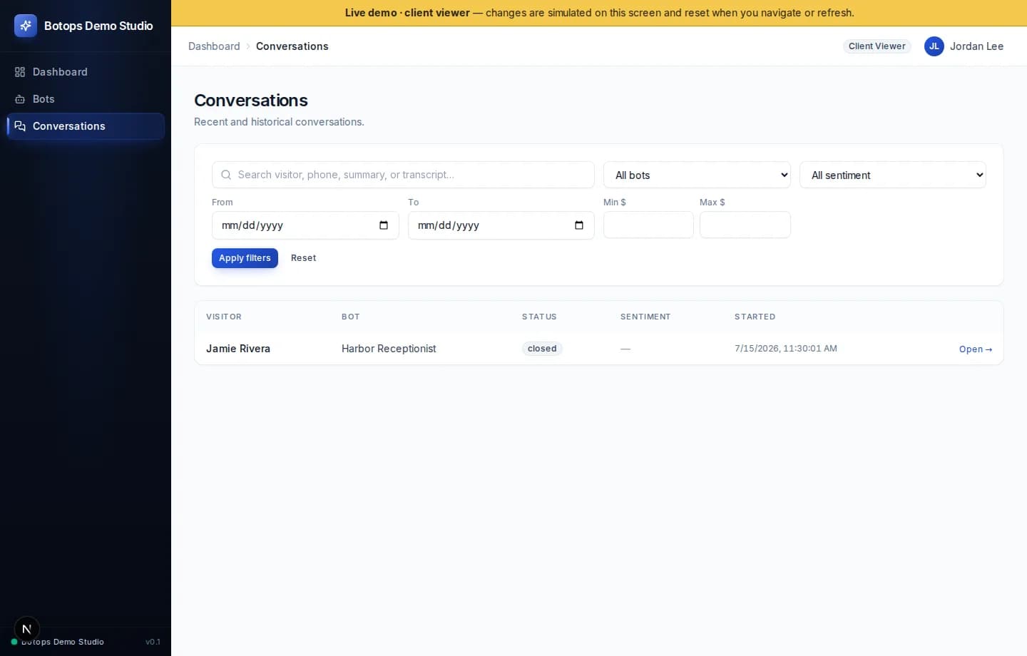 Seeded Botops client portal conversation list for the Harbor Dental workspace